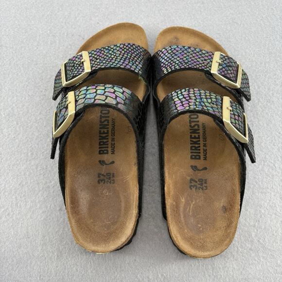 Birkenstock Arizona Sandals 37 US 6-6.5 Iridescent Snake Scale Black Two Strap - Picture 14 of 15